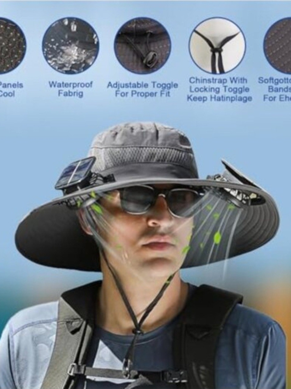 Men's Ventilated Boonie Sun Hat with Chin Cord S9lar Powered - Picture 2 of 2